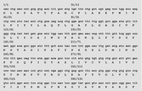 Figure 1 - AQP3 mRNA detection in human colon by RT-PCR. Nucleotide and deduced amino acid sequence of the 420-bp RT-PCR product obtained from human colon