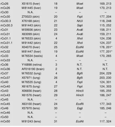 Table 1 - PCR products obtained from the 14 connexins expressed in rodents. Detec- Detec-tion of connexin type identity from PCR products
