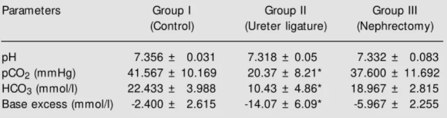 Table 2 presents the mean values of arte- arte-rial gasometry for the three groups. There was no significant difference between groups I and III
