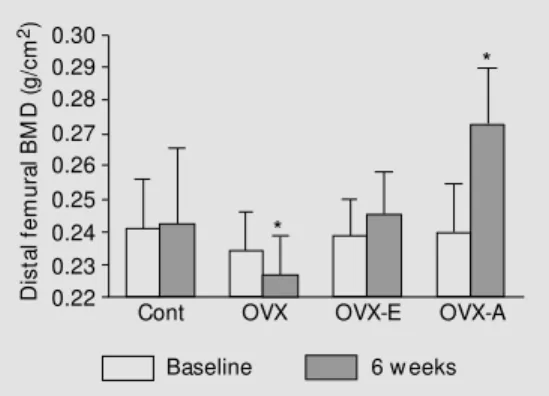Figure 1. Bone mineral density (BM D) measured by dual-energy X-ray absorptiometry of the distal femur in the four groups: control (Cont), ovariectomized (OVX), ovariectomized treated w ith  17ß-estradiol for 6 w eeks (OVX-E), and ovariectomized treated w 