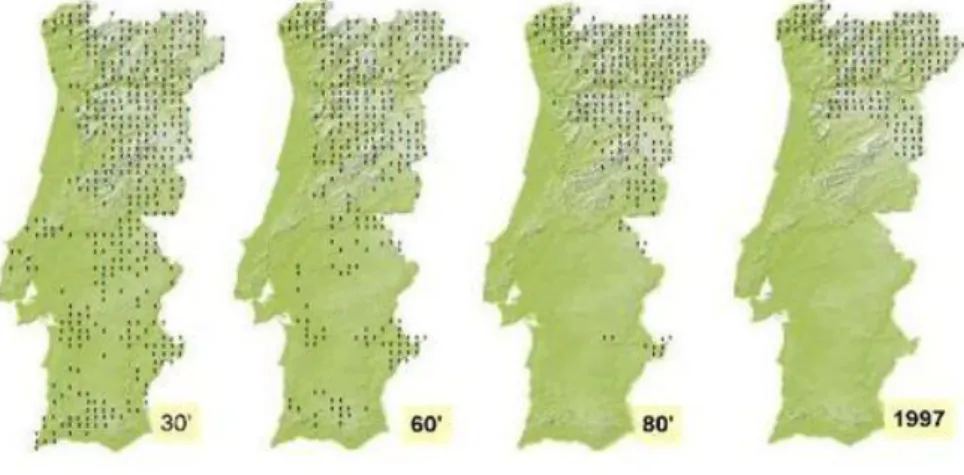 Figura  1.  Evolução  da  distribuição  do  Lobo  Ibérico  em  Portugal  ao  longo  do  século XX (Adaptado de Álvares, 2011)