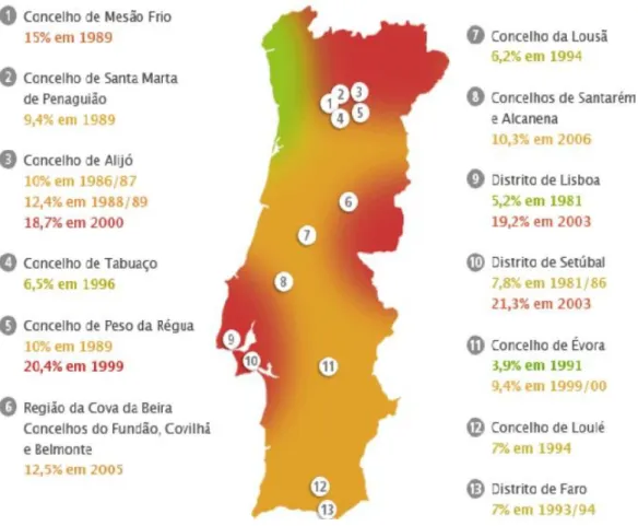 Figura  5.  Mapa  da  prevalência  de  infeção  por  L.  infantum  em  Portugal.  (Adaptado  de  ONLeish, s/d)