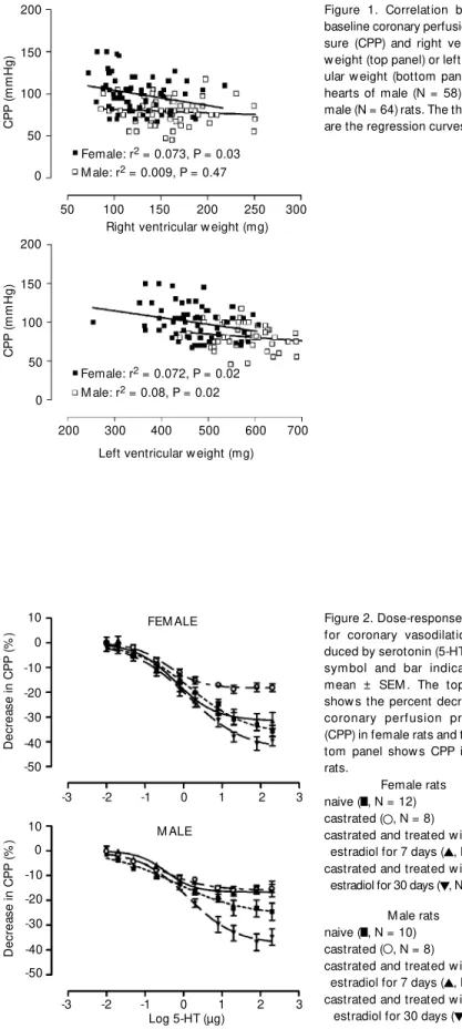 Figure 1. Correlation betw een baseline coronary perfusion  pres-sure (CPP) and right ventricular w eight (top panel) or left  ventric-ular w eight (bottom panel) from hearts of male (N = 58) and  fe-male (N = 64) rats