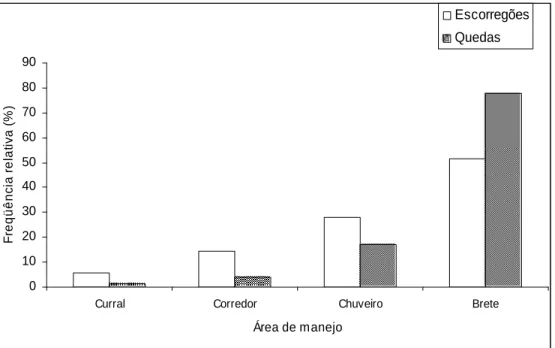 Figura 12: Percentual de ocorrência de escorregões e quedas durante a condução dos animais do curral  de espera ao boxe de atordoamento em relação às áreas de manejo do frigorífico SP; os dados  contemplam as avaliações de antes e após o treinamento, conju