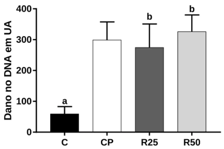 Figura 8. Dano no DNA em unidades arbitrárias para o tratamento com Roundup®. C- Controlo; CP- Controlo  Positivo;  R25-  Tratamento  com  Roundup®  25mg/L;  R50-  Tratamento  com  Roundup®  50mg/L