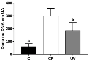 Figura  11.  Dano  no  DNA  em  unidades  arbitrárias  para  o  tratamento  com  UVC.  C-  Controlo;  CP-  Controlo  Positivo; UV- Tratamento com UVC