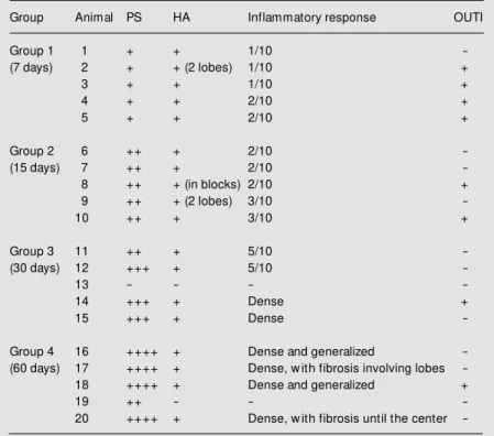 Table 2. Characteristics of histopathological evaluation of the granulomas in the experimental groups.