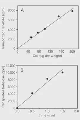 Figure 2. Characterization of the trehalose transporter of Candida utilis. Cells were grown in YNB medium containing 1%  treha-lose up to 1.0 mg (dry weight)/