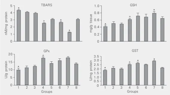 Figure 1. Effect of pretreatment with tomato and garlic alone and in combination on TBARS and GSH levels and on GPx and GST activities in the liver of  DMBA-treated mice