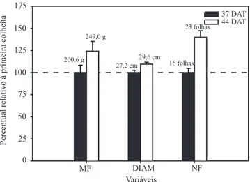 Figura 2. Percentual médio relativo de massa de matéria fresca (MF), diâmetro médio (DIAM) e número de folhas (NF) por planta na parte aérea de alface (cultivar Vera), conduzida sob manejo orgânico, e colhida aos 37 e 44 dias após o transplantio.