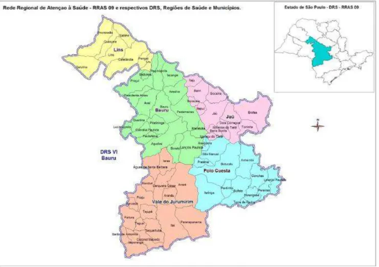 Figura 1: Mapa da rede regional de atenção à Saúde e respectivos DRS, Regiões  de Saúde e Municípios