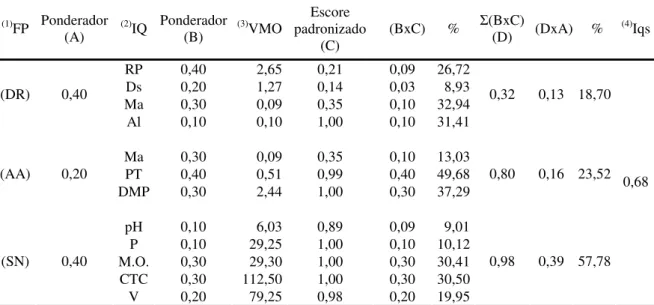 Tabela 14. Análise do índice de qualidade de um Nitossolo Vermelho Distroférico submetido  a semeadura direta com mecanismo sulcador tipo disco