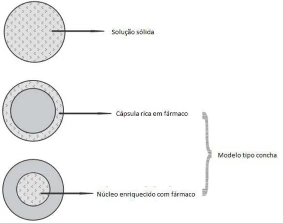 Figura 7 Diferentes modelos de incorporação de fármacos no interior das SLNs, sendo: matriz de solução sólida homogênea; 