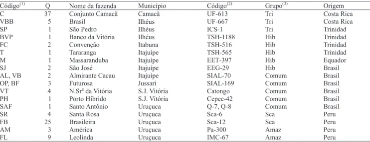 Tabela 1. Código de identificação e quantidade (Q) de acessos de cacau, selecionados como produtivos e resistentes à vassoura-de-bruxa, das coleções de germoplasma de fazendas localizadas em diferentes municípios do Sul da Bahia, e código de identificação,