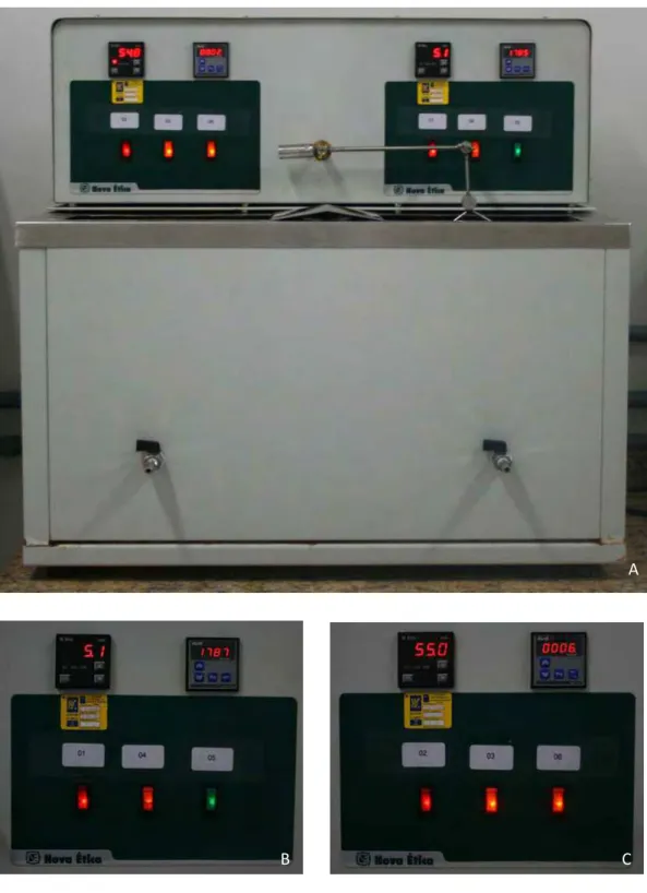 Figura 7 -     A: Equipamento para termociclagem. B e C: controladores de temperatura,  número de ciclos e tempo de banho
