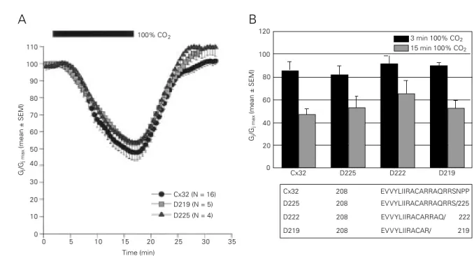 Figure 6 - Decrease in junctional conductance (G j ) in Xenopus oocyte pairs, expressing wild-type Cx32 or Cx32 deleted of most of the C-terminus, with exposure to 100% CO 2  for either 15 min (A and B) or 3 min (B)