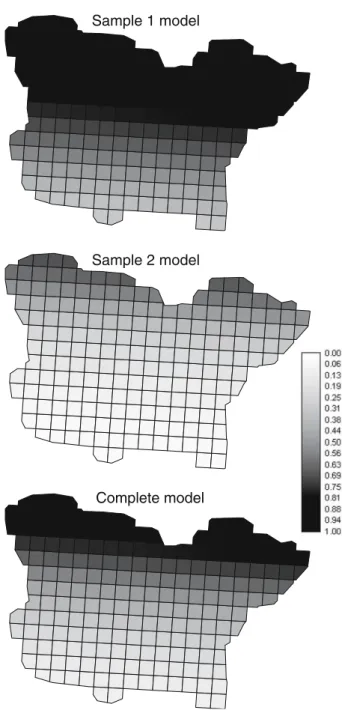 Fig. 2 Potential distribution of species 50 as given by logistic regression of presence/absence data on imaginary variable x, using data from each of the two samples and from the whole territory