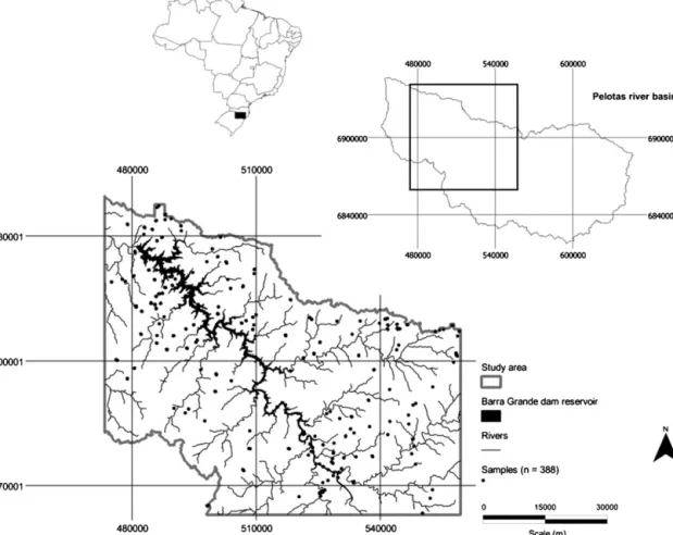 Fig. 1. Location map of the study area and sampling sites (Universal Transverse Mercator coordinate system, Zone 22J, southern Brazil).