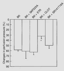 Figure 5 - Vasodilator effect of bradykinin (BK; 40 ng) in the  ab-sence or in the preab-sence of the cyt ochrom e P450 enzym es SKF525A (BK +  SKF525A; 5 µM ), ethoxyresorufin (BK + ETR;