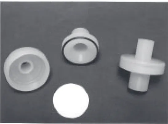 Figure 1. A photograph of the m out hpiece cont aining t he HEPA filter assembled and  sepa-rated into three parts show ing the screw  portion w here the tw o connect