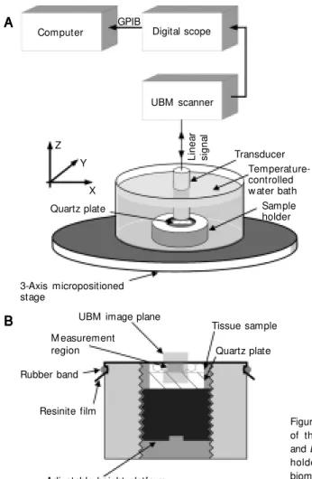 Figure 1. A, Block diagram of the experimental setup and B, detail of the sample holder