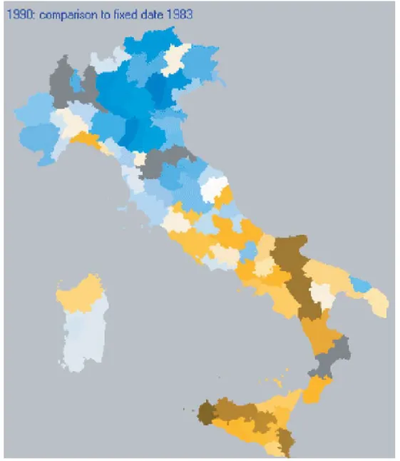 Figura 2.20: Change Map onde está representada a variação da taxa de desemprego em Itália no período de 1983 a 1990