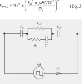 Figure 1.     Model proposed by Neves and Souza (11) to  calcu-late the current response to a voltage step excitation and to derive the bioelectrical  impe-dance parameters (see text for more details)
