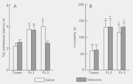 Figure 4. Effect of naloxone on the antinociception (A) and immobility (B) induced by Pz 2 and Pz 3