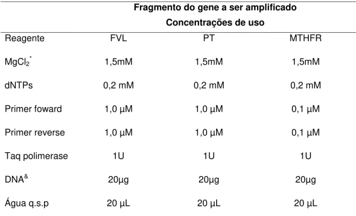 Tabela  2  -  Concentrações  dos  reagentes  utilizados  na  reação  em  cadeia  da  polimerase 