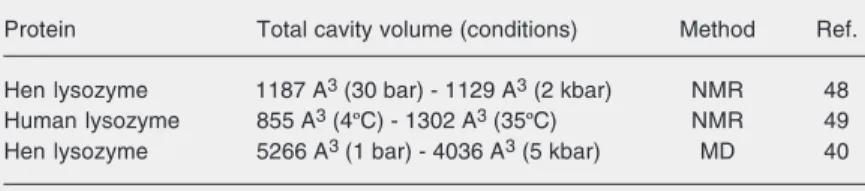 Table 1. Effects of pressure and temperature on the total volume of the cavities in proteins as obtained from NMR and molecular dynamics (MD) simulations.