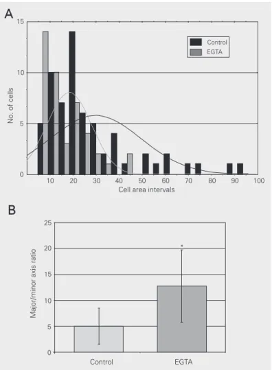 Figure 2. Histogram and best-fit plot of control and EGTA-treated cell area (A), and major/minor axis ratio of control and EGTA-treated cells (B)