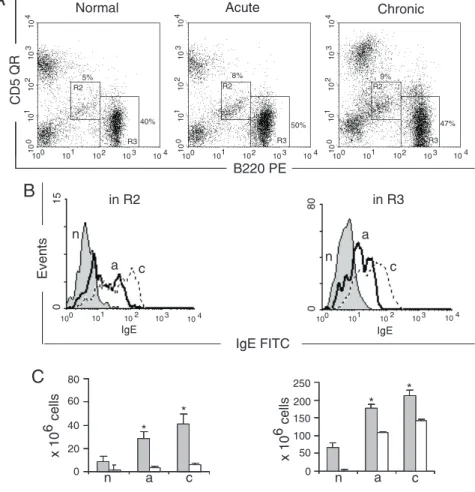 Figure 3 .  Surface expression of B220, CD5 and IgE on cells from spleen. A, Dot plot of cells in the lymphocyte gate