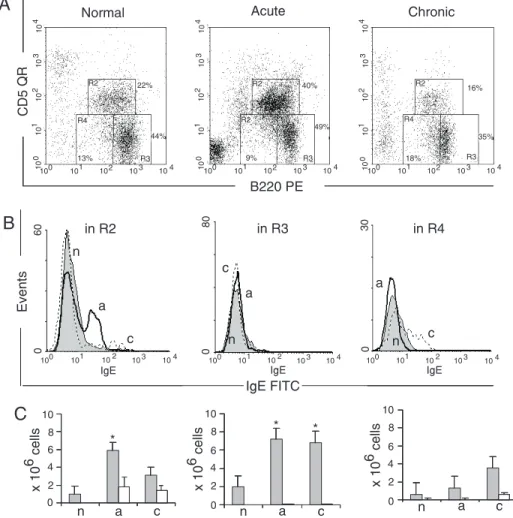 Figure 4 .  Surface expression of B220, CD5 and IgE molecules on cells from the peritoneal  cav-ity