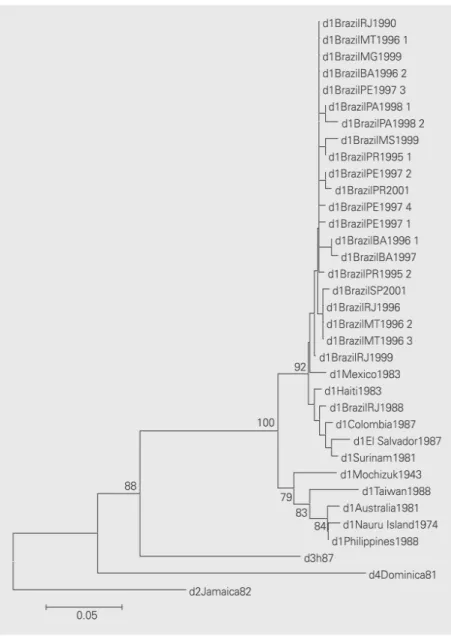 Figure 1. Phylogenetic relationships among dengue-1 (DEN-1) viruses. Phylogenetic tree generated by neighbor-joining analysis of nucleotide sequences from the E/NS1 junction of 32 strains of DEN-1 and representatives of serotypes 2, 3 and 4