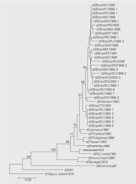Figure 2. Phylogenetic relationships among dengue-2 (DEN-2) viruses. Phylogenetic tree generated by using neighbor-joining analysis of nucleotide sequences from the E/NS1 junction of 40 strains of DEN-2 and representatives of serotypes 1, 3 and 4