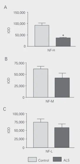 Figure 2. Quantification of im- im-munostaining intensity in cell bodies of control and  amyo-trophic lateral sclerosis (ALS) cases for all antibodies studied.