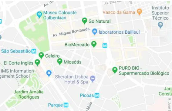 Figura 3. Mapa dos supermercados de produtos biológicos localizados perto do El Corte Inglés (Fonte: Google Maps) 