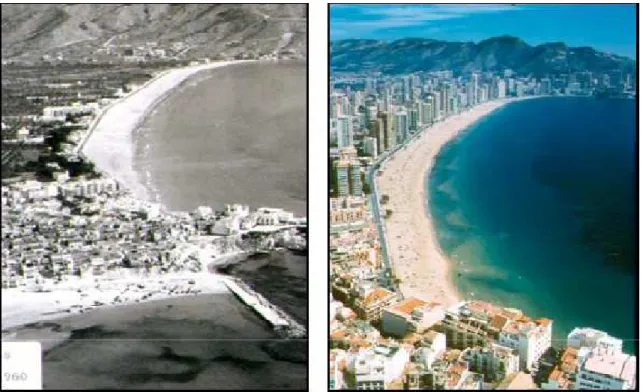 Figura 2.3. Fotos de Benidorm, em 1960 e actualmente (fonte: Ministério do Ambiente Espanhol)