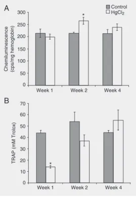 Table 1 shows the activities of CAT, Cu,Zn-SOD, GPx, and GST in erythrocytes from animals of both experimental groups.