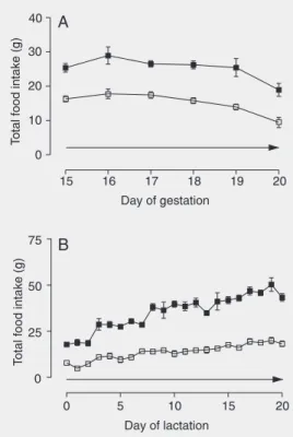Figure 1. Total food intake by control dams (filled squares) and dams receiving a high-fat and low-protein diet (open squares) from day 15 of gestation to  par-turition (A) and from birth to weaning (B)