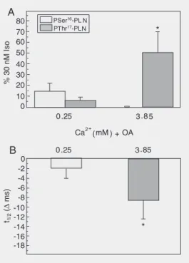 Figure 5. Effects of increasing (Ca 2+ ) o  and inhibition of  phos-phatases on the  phosphoryla-tion of Thr 17  of phospholamban (PLN) and mechanical  relax-ation