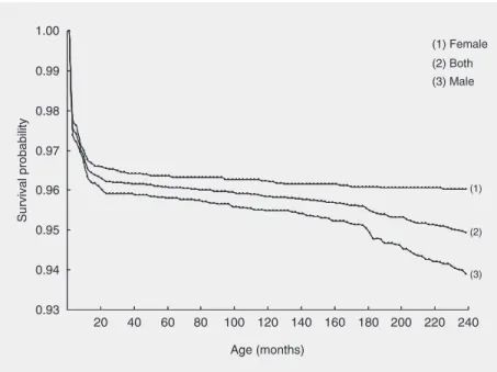 Figure 1. Survival probability (based on Ref. 17) of the 1978/1979 Ribeirão Preto birth cohort according to age
