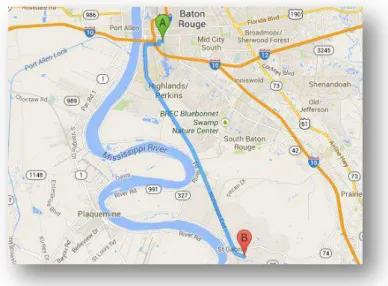 Figura  3.  Localização  geográfica  de  Baton  Rouge  e  Saint  Gabriel.  A  primeira  cidade  representada  por  ”A”  é  a  capital  do  estado  de  Louisiana  -  Baton  Rouge  e  a  representada por “B” é Saint Gabriel, onde está localizada a estação ex