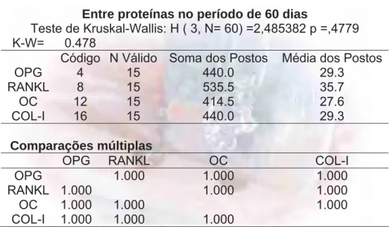 Tabela 12 - Teste estatístico de Kruskal-Wallis e comparações múltiplas entre as  proteínas analisadas, para o período de 60 dias no grupo controle