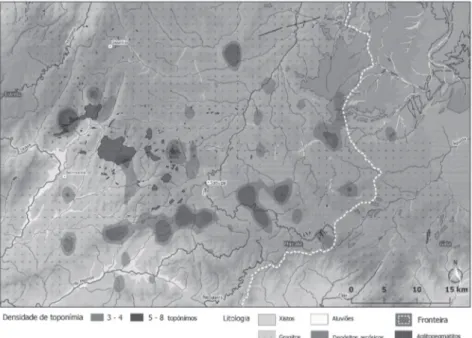 Figura 5 - Mapa geológico da região estudada assinalando as áreas de maior densidade de  toponímia de teor mineiro.
