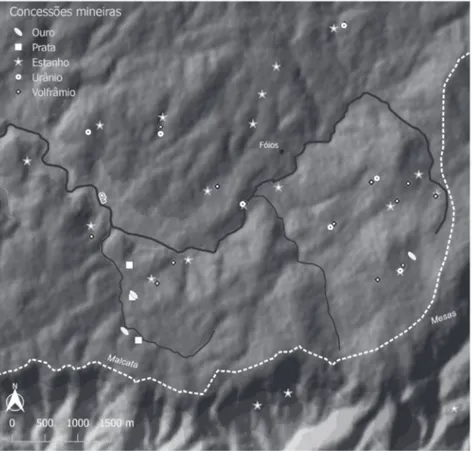Figura  2  -  Cartografia  das  concessões  mineiras  dos  séculos  XIX  e  XX  assinaladas  na  região da nascente do rio Côa (freguesia dos Fóios, Sabugal).