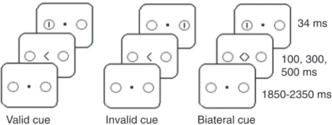 Figure 1. Diagrammatic representation of the sequence of visual  displays  in  each  cueing  condition  (valid,  invalid  and  bilateral)
