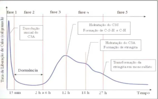 Figura 1 - Fases da hidratação de grãos de cimentos expressas pela variação da liberação de calor em função do  tempo (fonte: THOMAZ; CARNEIRO, 2007)