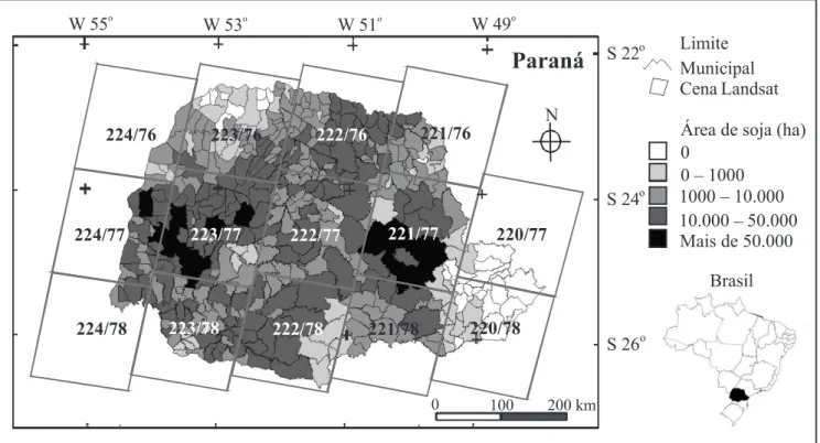 Figura 1. Localização da abrangência das cenas das imagens por órbita e ponto do sistema Landsat de referência universal  sobre a malha municipal e a área de soja, por município, do Estado do Paraná