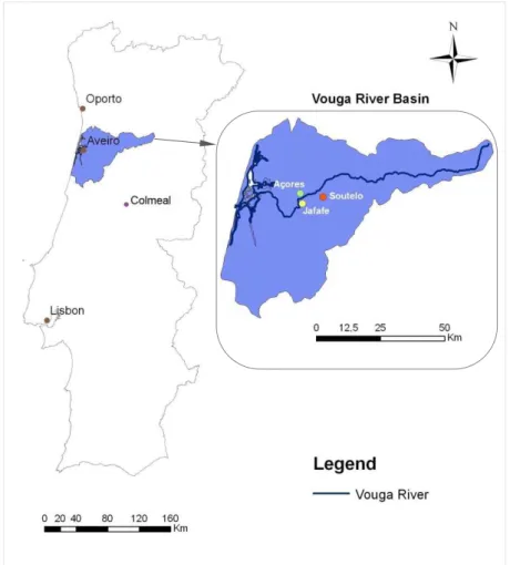 Figure 4. Location of the main Portuguese cities, the University of Aveiro, the Colmeal study  site and the Açores, Jafafe and Soutelo study sites within the Vouga river basin